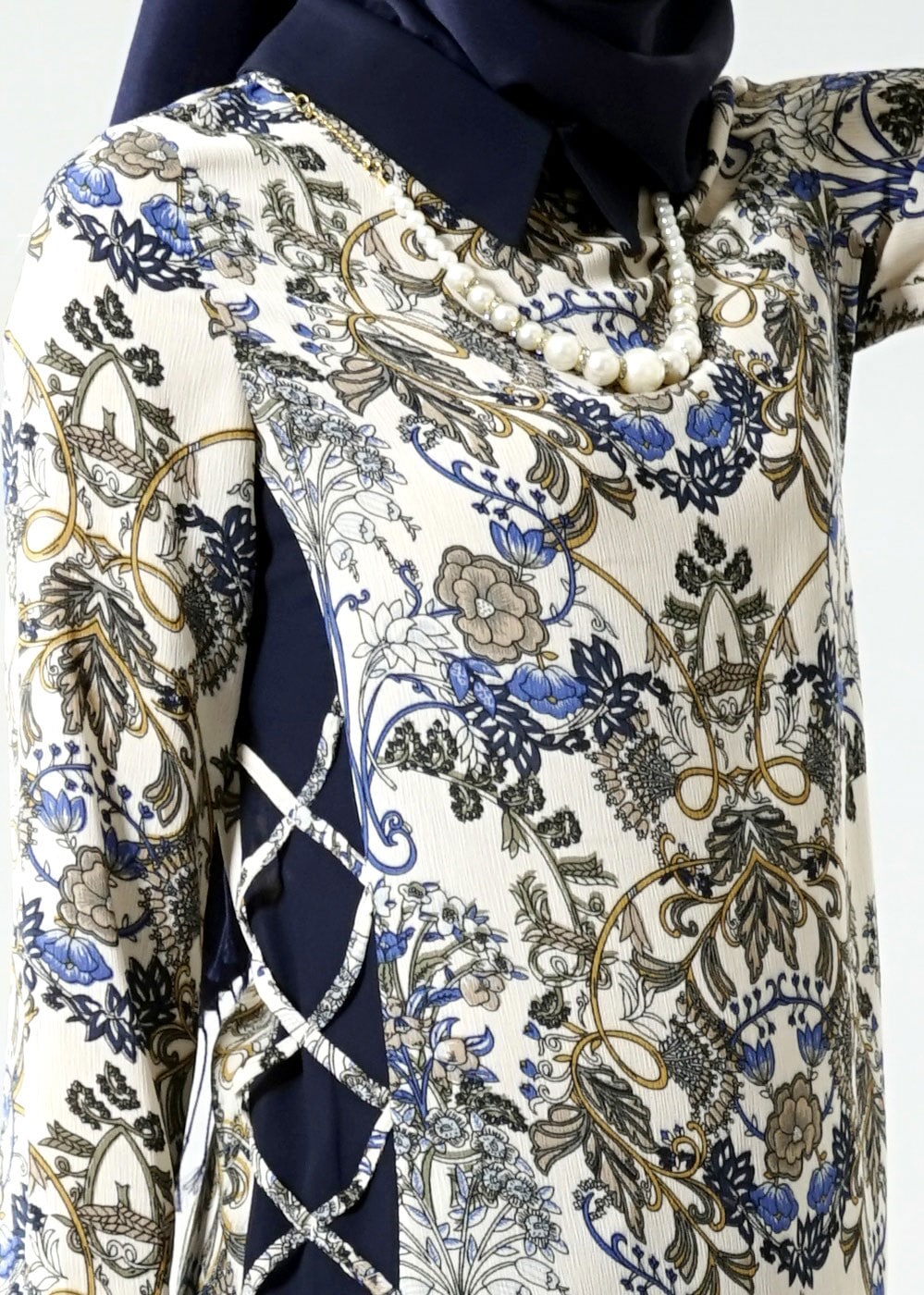 Vêtements hijab BLEU MARINE T 6142 Porto Çiçek Desen Kolyeli Tunik