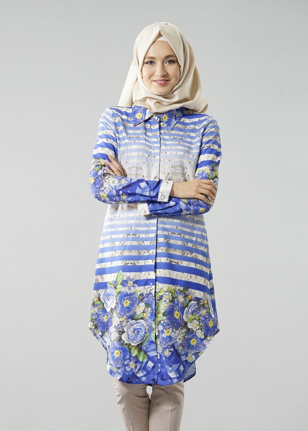 Vêtements hijab BLEU MARINE T 6158 Porto Dijital Baskılı Tunik