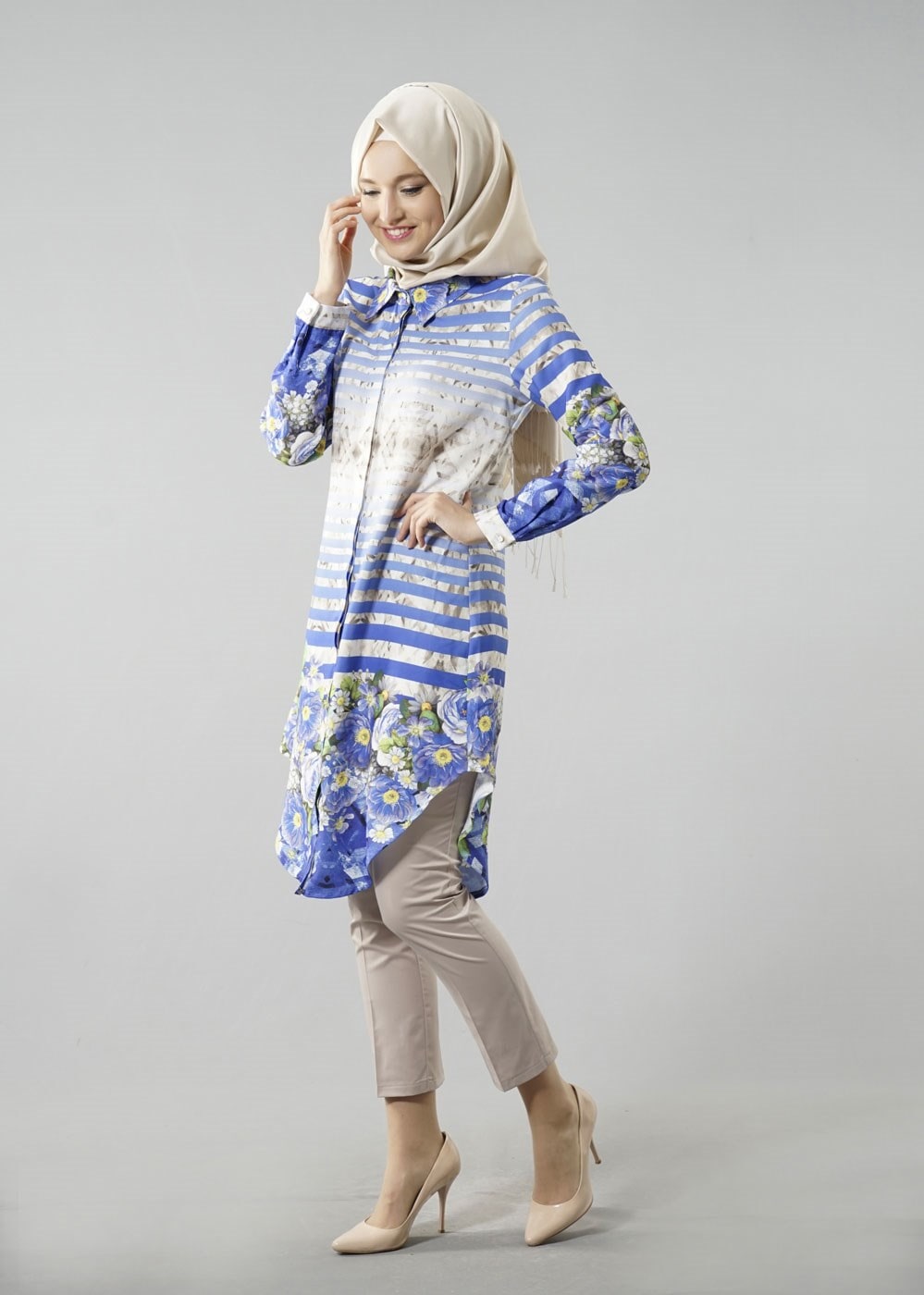 Vêtements hijab BLEU MARINE T 6158 Porto Dijital Baskılı Tunik