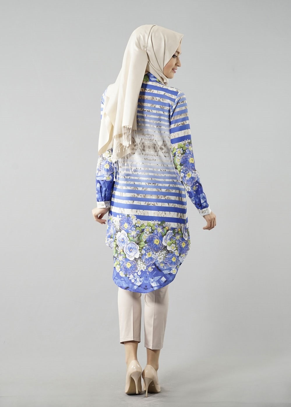 Vêtements hijab BLEU MARINE T 6158 Porto Dijital Baskılı Tunik