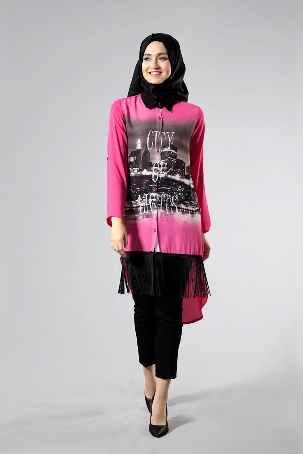 Vêtements hijab  T 1103 PüsQül Dijital Baskı Püsküllü Tunik - TRENDTESETTÜR