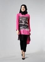 Hijab clothing FUCHSIA T 1103 PüsQül Dijital Baskı Püsküllü Tunik