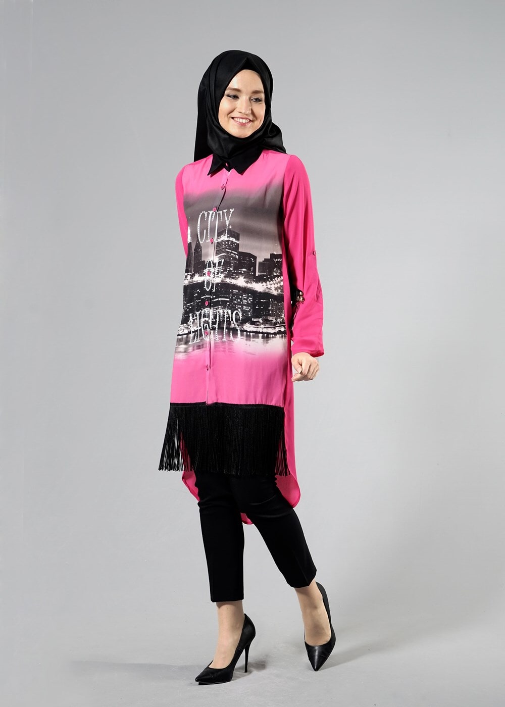 Hijab clothing FUCHSIA T 1103 PüsQül Dijital Baskı Püsküllü Tunik