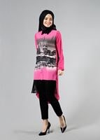 Hijab clothing FUCHSIA T 1103 PüsQül Dijital Baskı Püsküllü Tunik