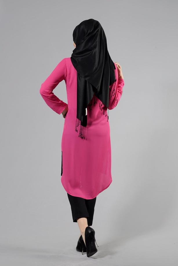 Vêtements hijab  T 1103 PüsQül Dijital Baskı Püsküllü Tunik - TRENDTESETTÜR