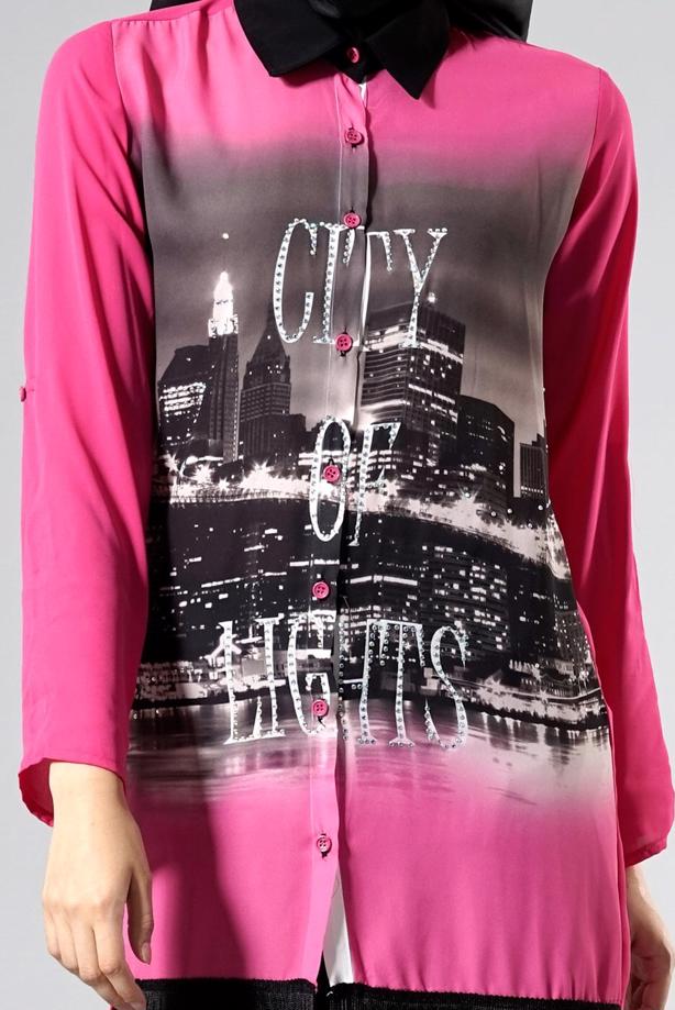 Vêtements hijab  T 1103 PüsQül Dijital Baskı Püsküllü Tunik - TRENDTESETTÜR