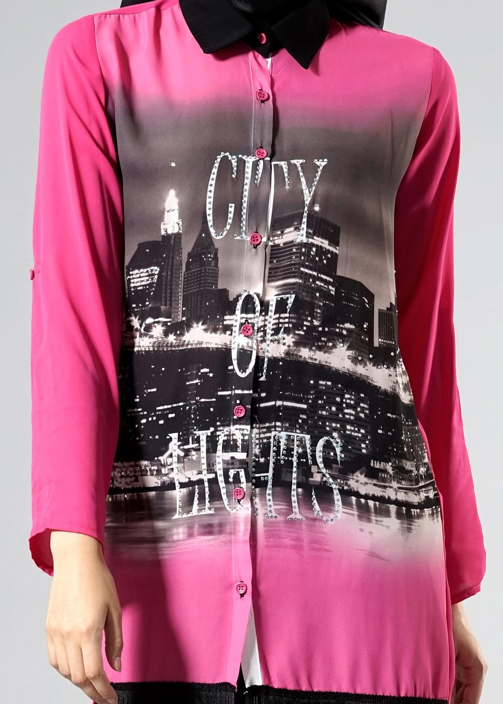Hijab clothing FUCHSIA T 1103 PüsQül Dijital Baskı Püsküllü Tunik