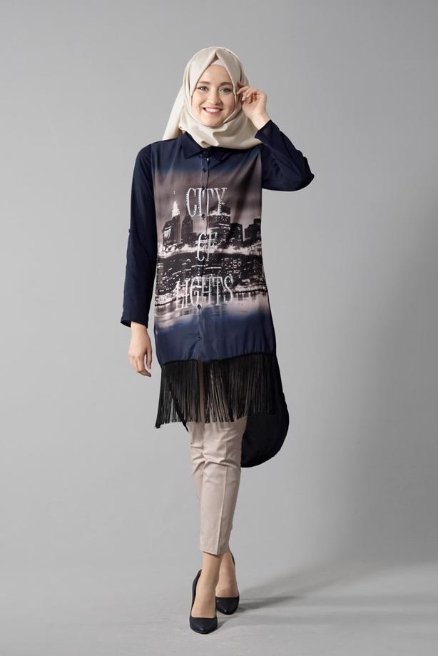 Vêtements hijab  T 1103 PüsQül Dijital Baskı Püsküllü Tunik - TRENDTESETTÜR