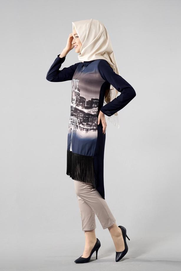 Vêtements hijab  T 1103 PüsQül Dijital Baskı Püsküllü Tunik - TRENDTESETTÜR