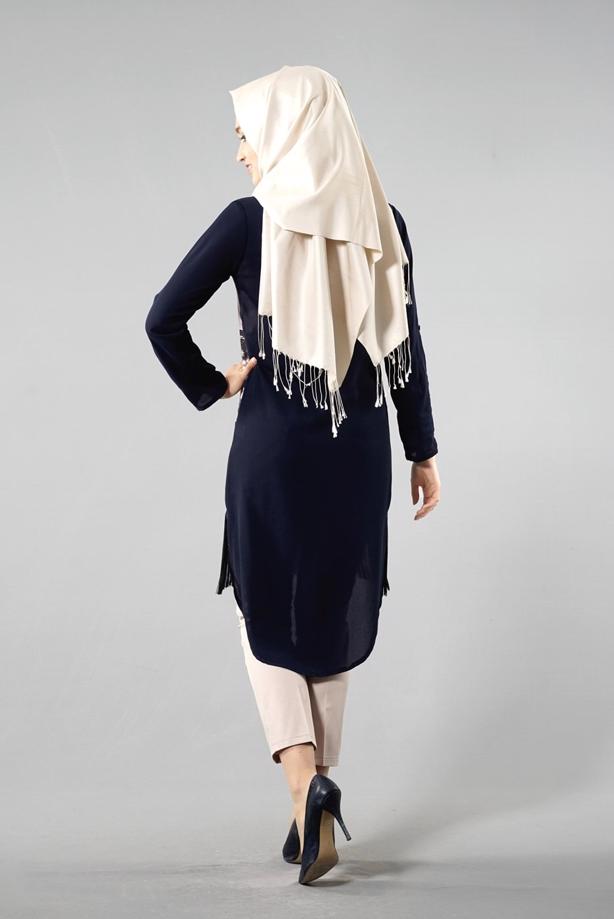 Vêtements hijab  T 1103 PüsQül Dijital Baskı Püsküllü Tunik - TRENDTESETTÜR