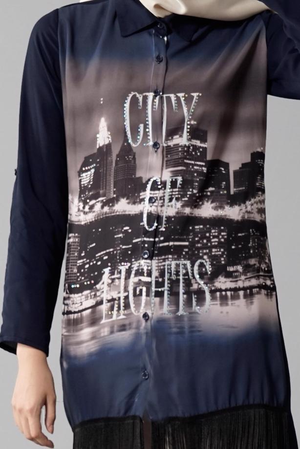 Vêtements hijab  T 1103 PüsQül Dijital Baskı Püsküllü Tunik - TRENDTESETTÜR