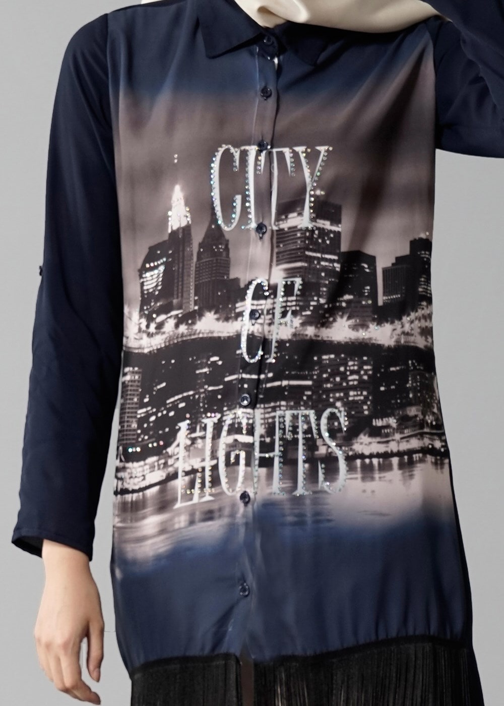 Hijab clothing NAVY BLUE T 1103 PüsQül Dijital Baskı Püsküllü Tunik