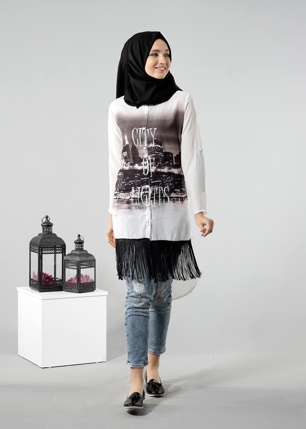 Hijab clothing CREAM T 1103 PüsQül Dijital Baskı Püsküllü Tunik