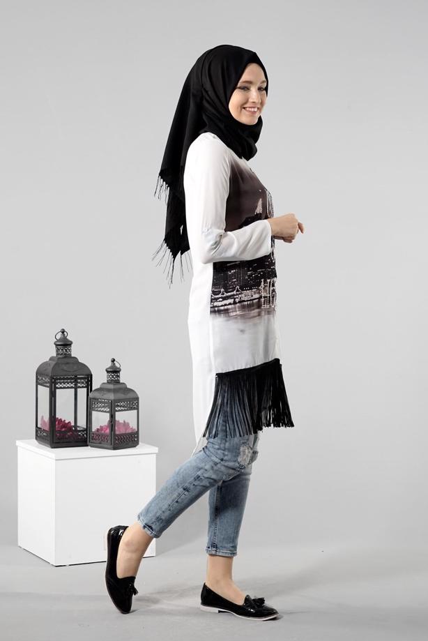 Vêtements hijab  T 1103 PüsQül Dijital Baskı Püsküllü Tunik - TRENDTESETTÜR