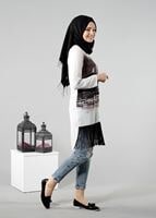 Hijab clothing CREAM T 1103 PüsQül Dijital Baskı Püsküllü Tunik