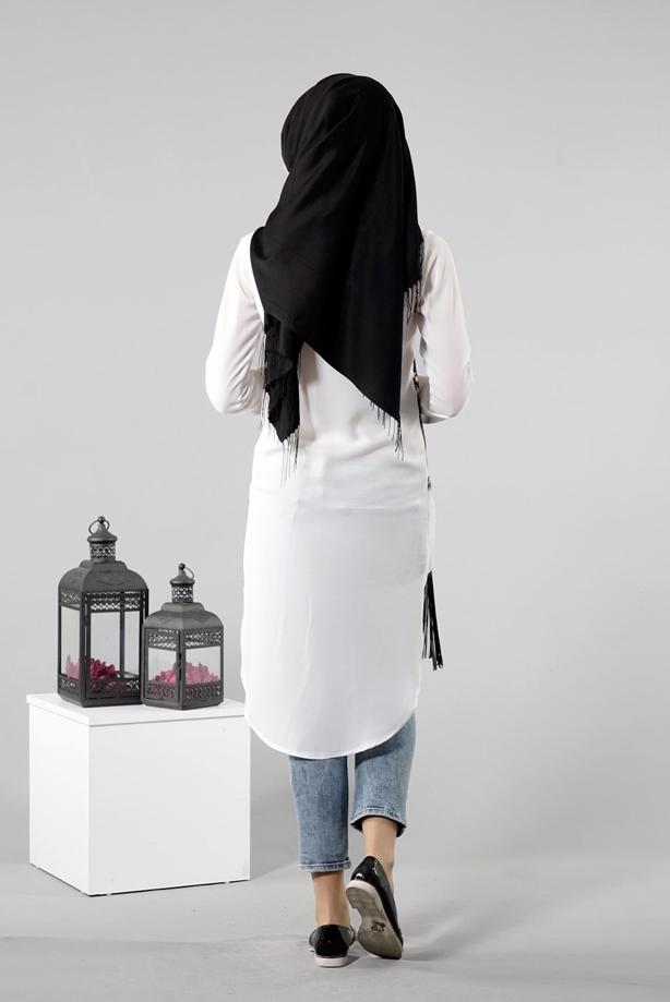 Vêtements hijab  T 1103 PüsQül Dijital Baskı Püsküllü Tunik - TRENDTESETTÜR