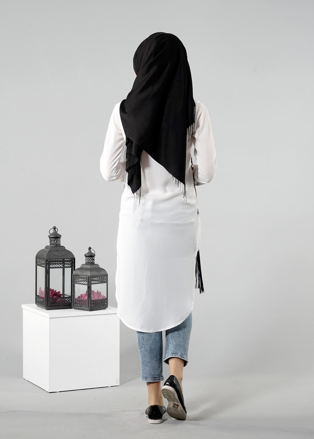 Hijab clothing CREAM T 1103 PüsQül Dijital Baskı Püsküllü Tunik