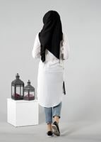 Hijab clothing CREAM T 1103 PüsQül Dijital Baskı Püsküllü Tunik