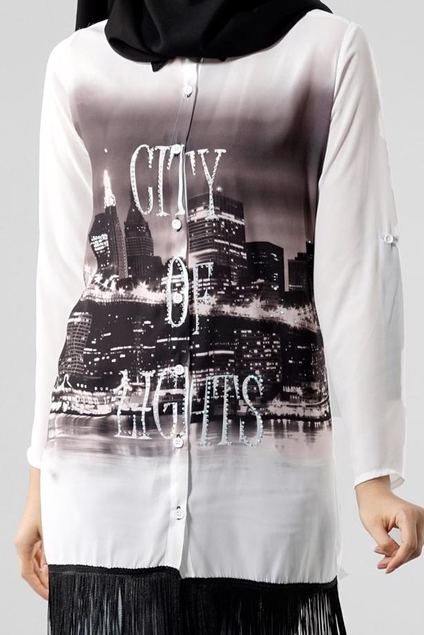 Vêtements hijab  T 1103 PüsQül Dijital Baskı Püsküllü Tunik - TRENDTESETTÜR