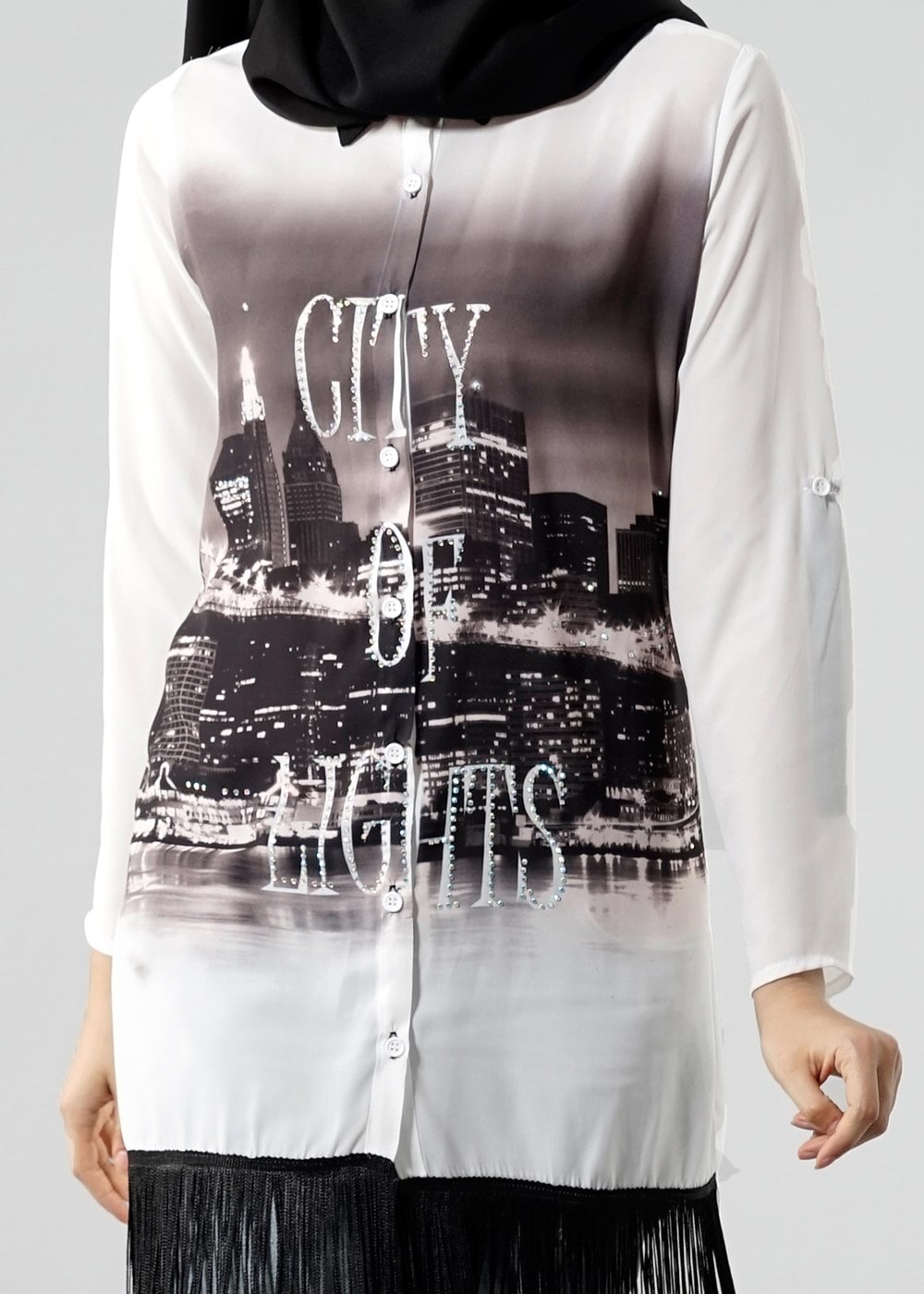 Hijab clothing CREAM T 1103 PüsQül Dijital Baskı Püsküllü Tunik