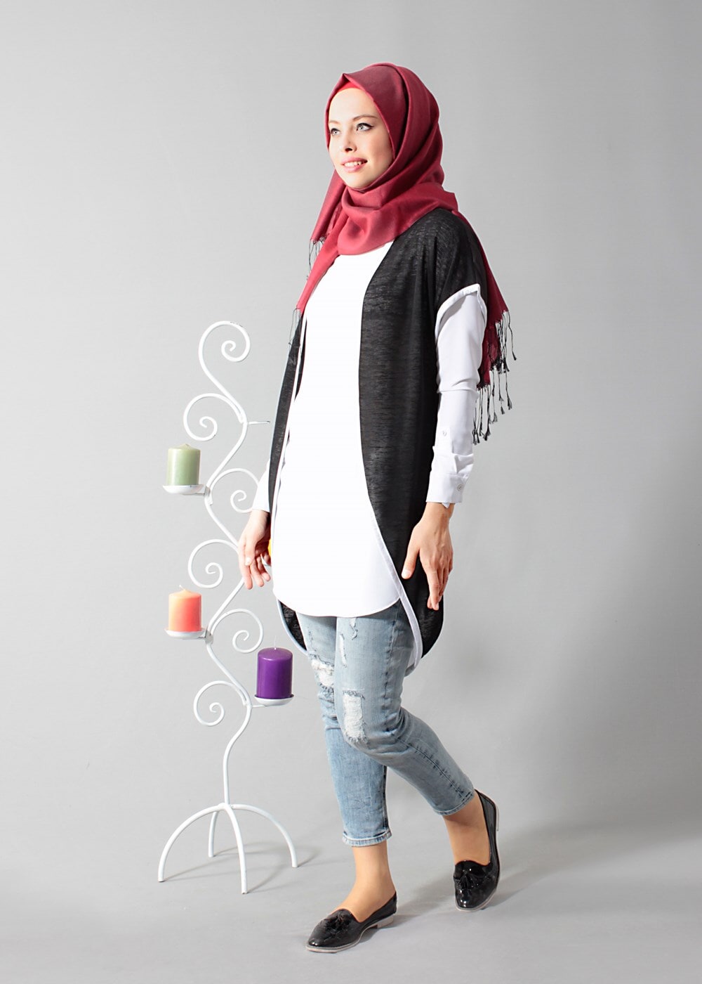Vêtements hijab NOIR T 1675 S-VUP Dijital Baskılı Desenli Hırka