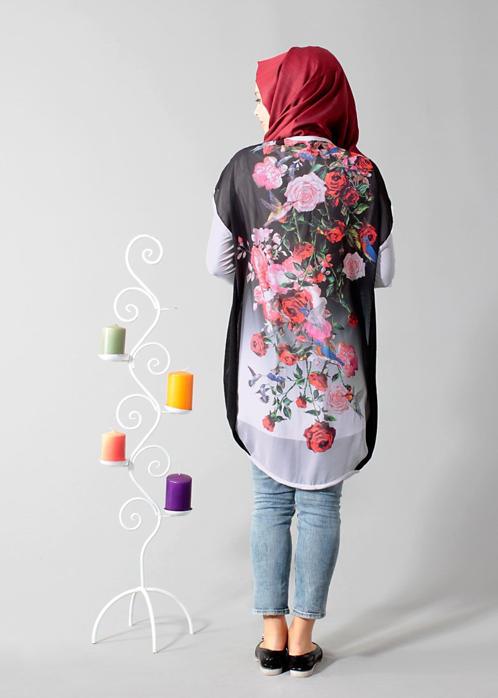 Vêtements hijab NOIR T 1675 S-VUP Dijital Baskılı Desenli Hırka