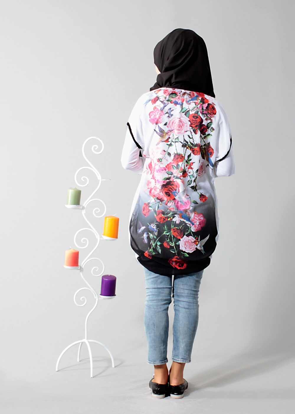 Vêtements hijab CRÈME T 1675 S-VUP Dijital Baskılı Desenli Hırka