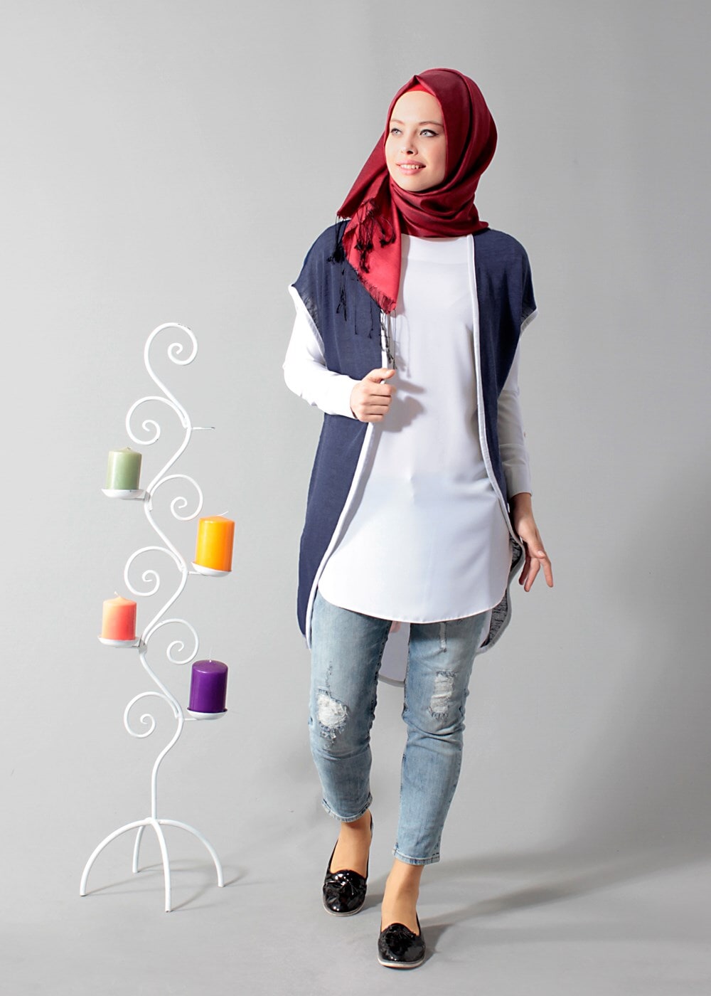 Vêtements hijab BLEU MARINE T 1675 S-VUP Dijital Baskılı Desenli Hırka