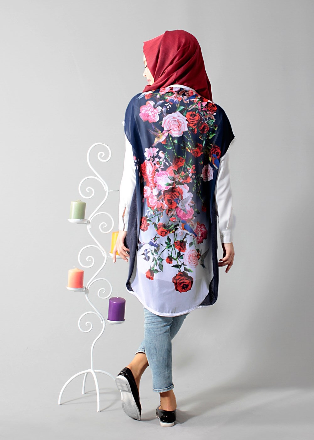 Vêtements hijab BLEU MARINE T 1675 S-VUP Dijital Baskılı Desenli Hırka