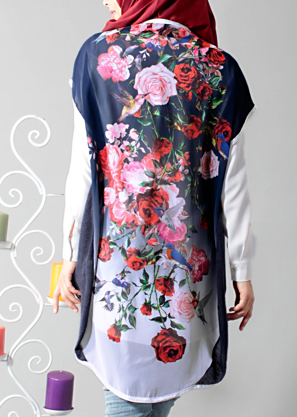 Vêtements hijab BLEU MARINE T 1675 S-VUP Dijital Baskılı Desenli Hırka