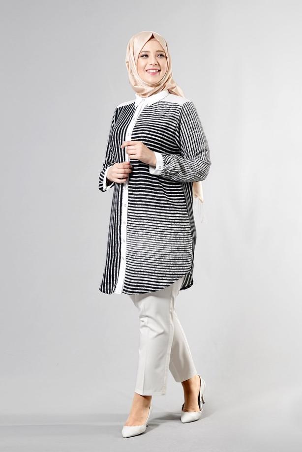 Vêtements hijab  T 3590 S-VUP Çizgili Erkek Yaka Tunik - TRENDTESETTÜR