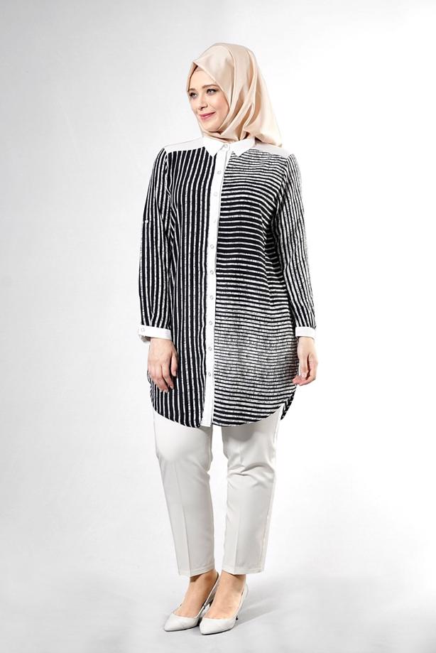 Vêtements hijab  T 3590 S-VUP Çizgili Erkek Yaka Tunik - TRENDTESETTÜR