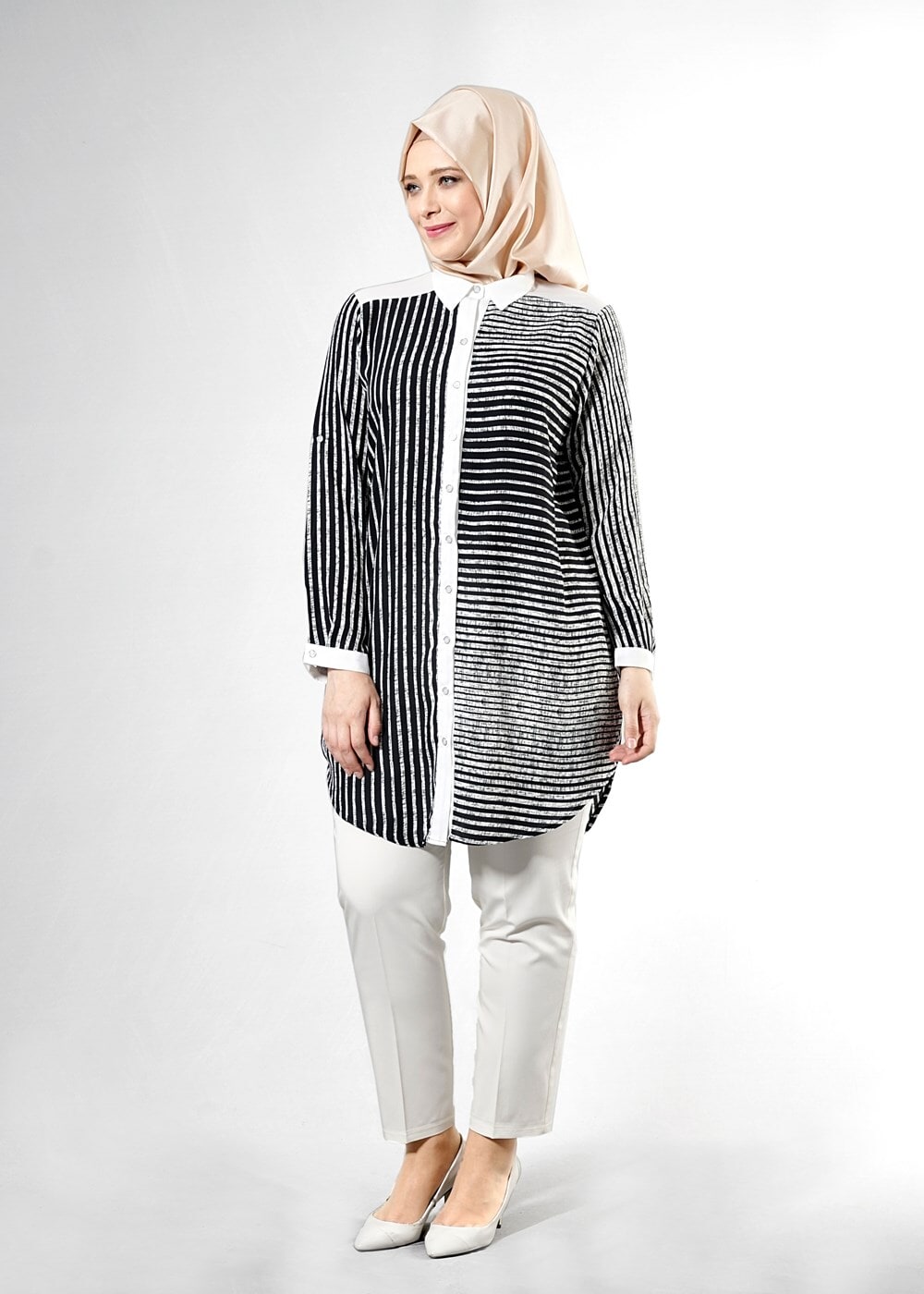 Vêtements hijab NOIR T 3590 S-VUP Çizgili Erkek Yaka Tunik