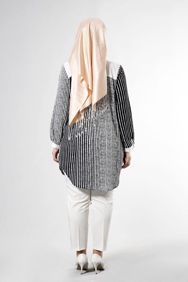 Vêtements hijab  T 3590 S-VUP Çizgili Erkek Yaka Tunik - TRENDTESETTÜR