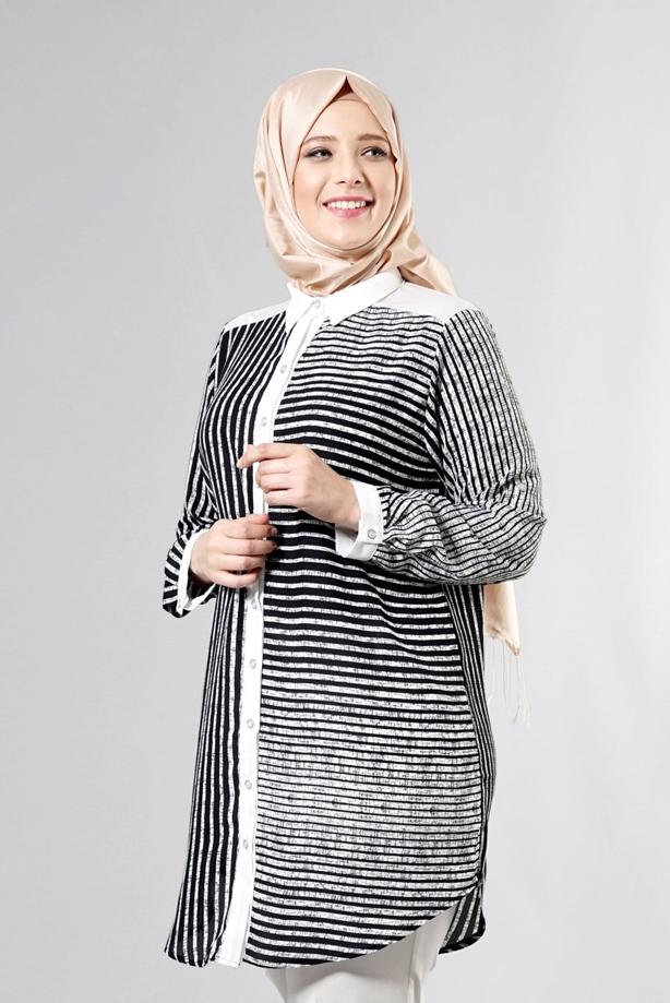 Vêtements hijab  T 3590 S-VUP Çizgili Erkek Yaka Tunik - TRENDTESETTÜR
