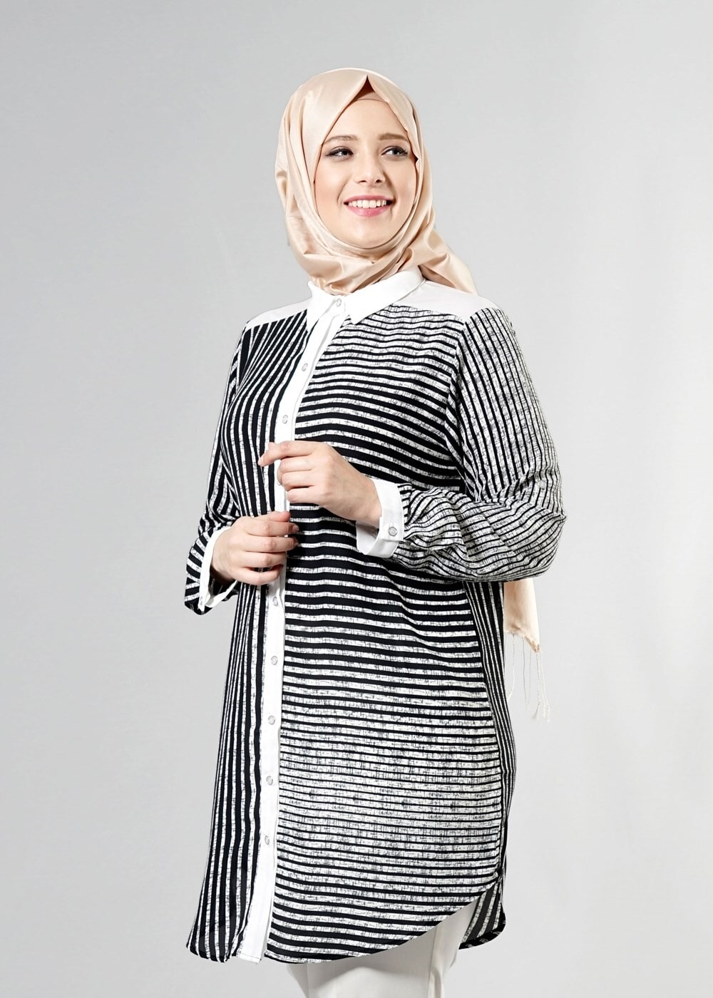 Vêtements hijab NOIR T 3590 S-VUP Çizgili Erkek Yaka Tunik