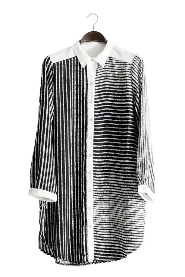 Vêtements hijab  T 3590 S-VUP Çizgili Erkek Yaka Tunik - TRENDTESETTÜR