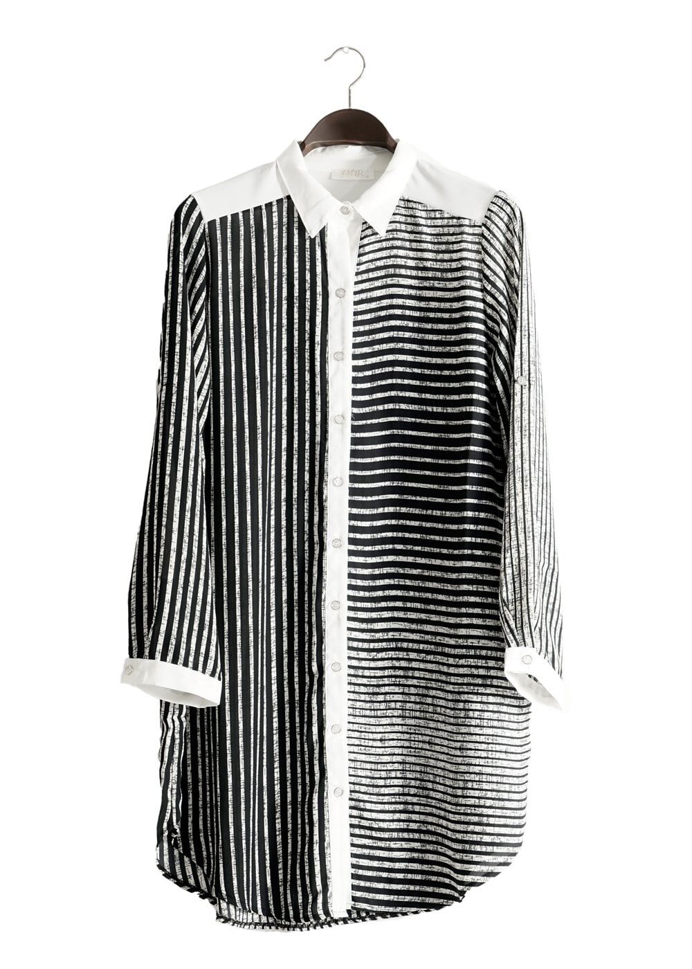 Vêtements hijab NOIR T 3590 S-VUP Çizgili Erkek Yaka Tunik