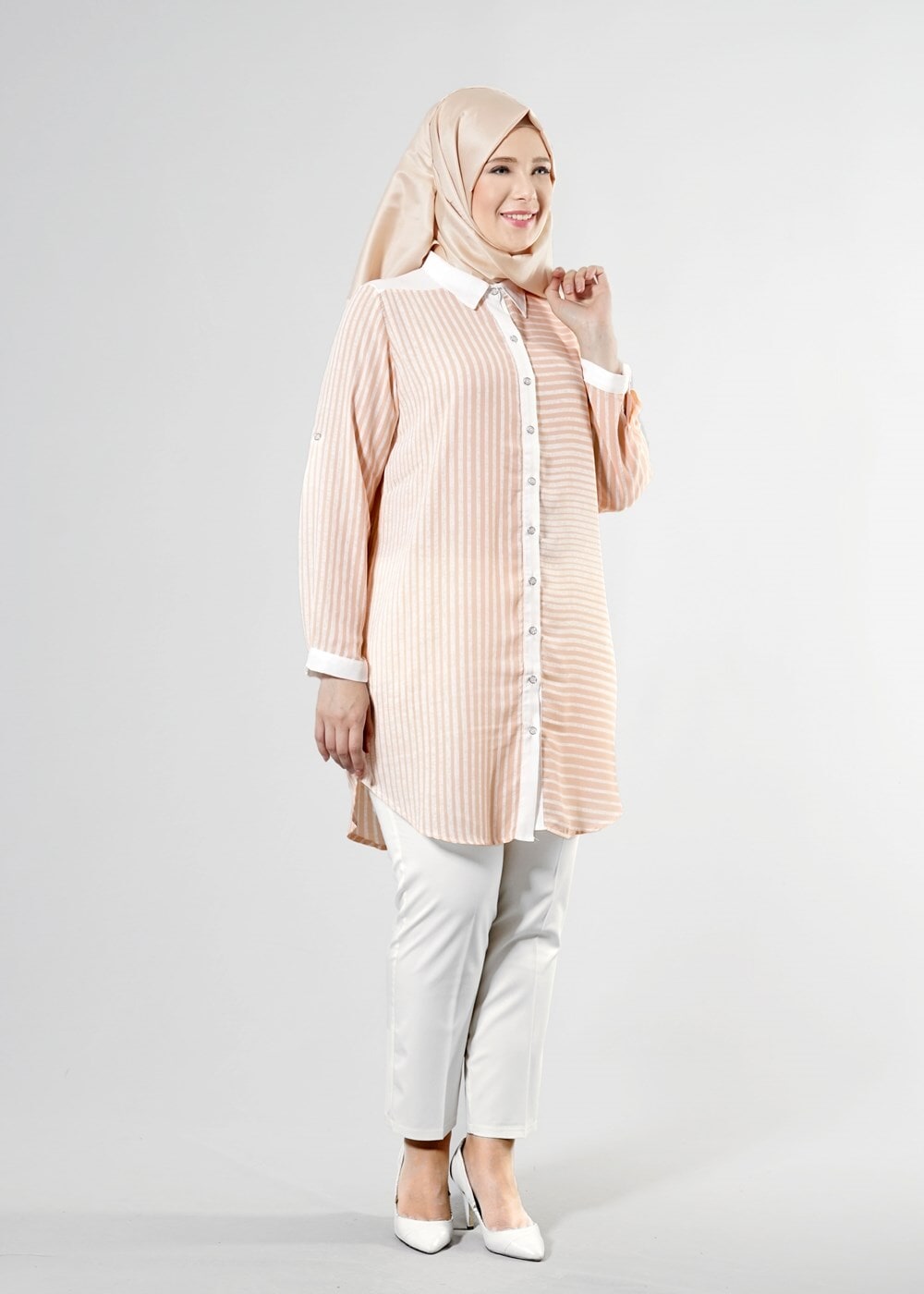 Hijab clothing POWDER T 3590 S-VUP Çizgili Erkek Yaka Tunik