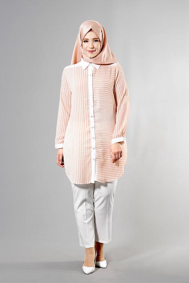 Vêtements hijab  T 3590 S-VUP Çizgili Erkek Yaka Tunik - TRENDTESETTÜR