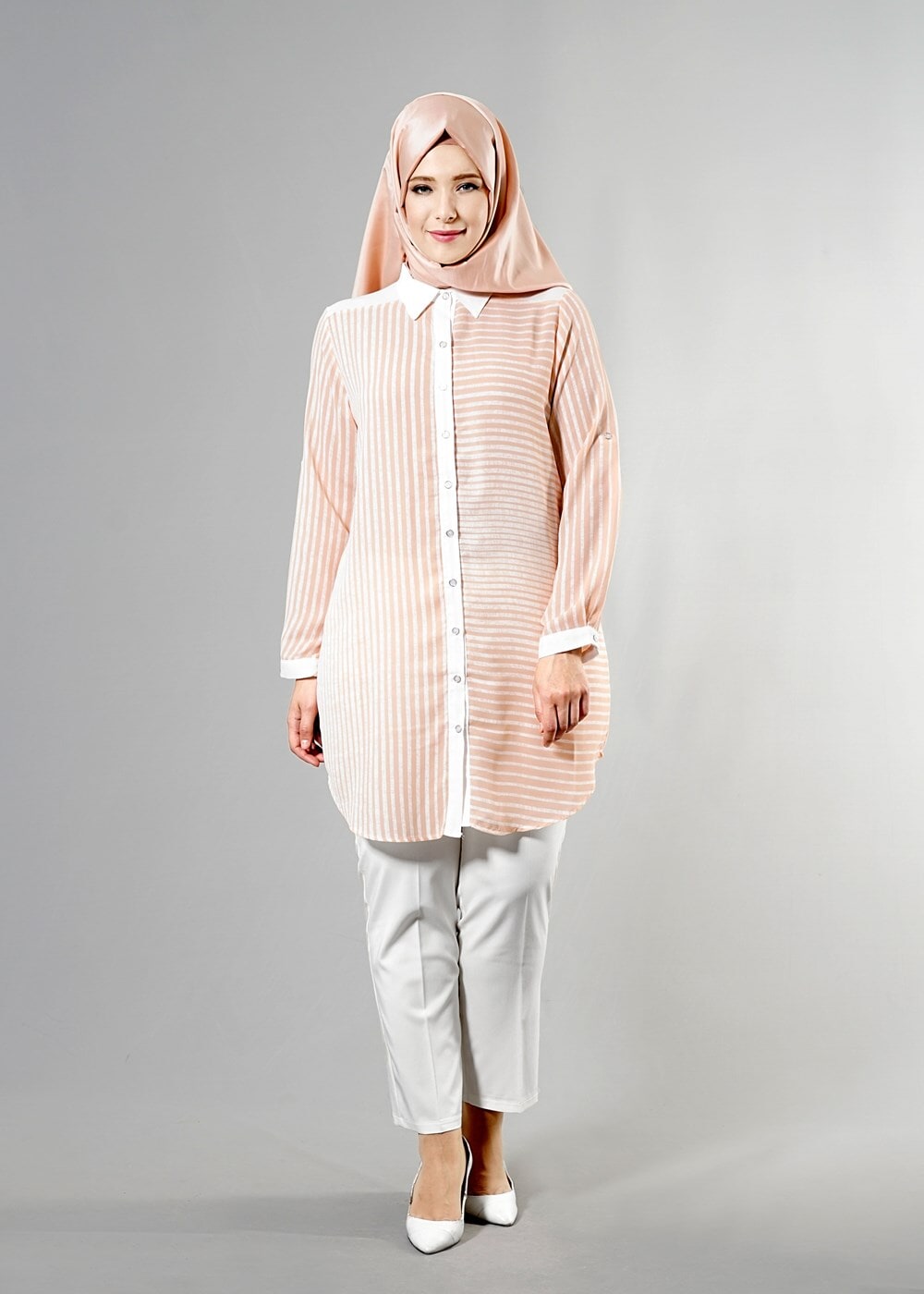 Hijab clothing POWDER T 3590 S-VUP Çizgili Erkek Yaka Tunik