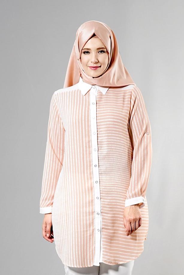 Vêtements hijab  T 3590 S-VUP Çizgili Erkek Yaka Tunik - TRENDTESETTÜR