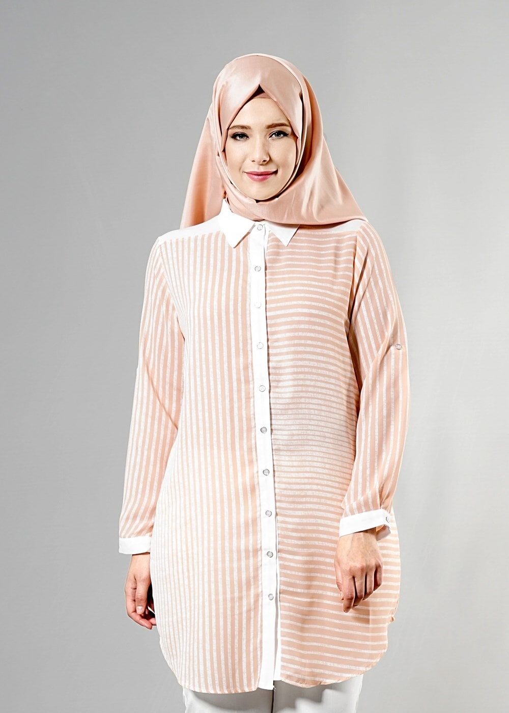 Vêtements hijab POUDRE T 3590 S-VUP Çizgili Erkek Yaka Tunik