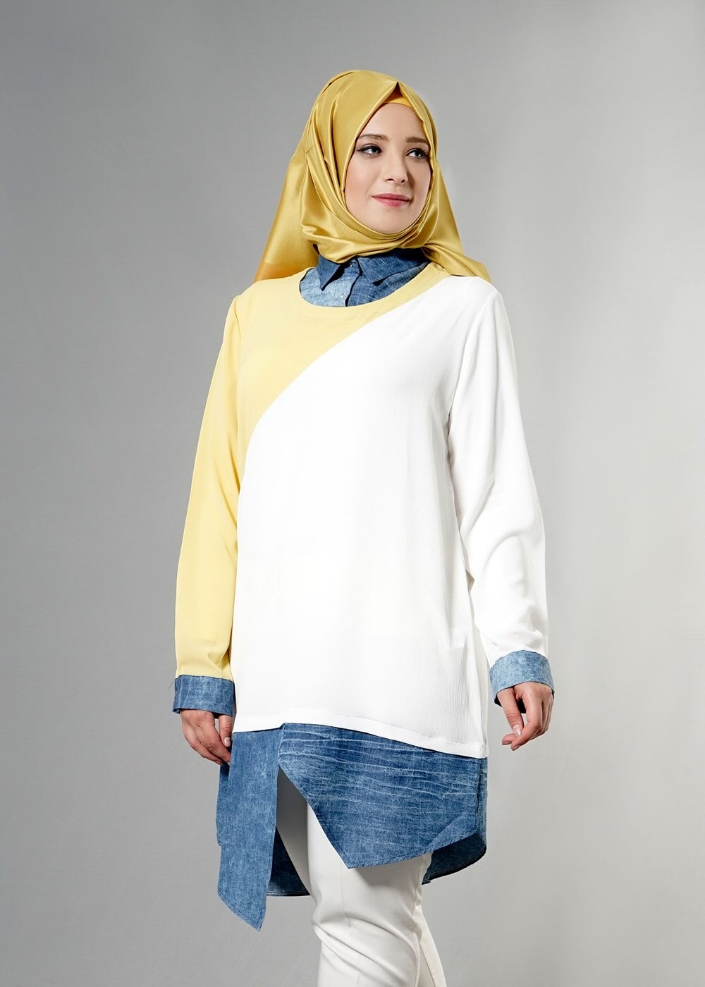 Hijab clothing CREAM T 3591 S-VUP Kot Detaylı Tunik