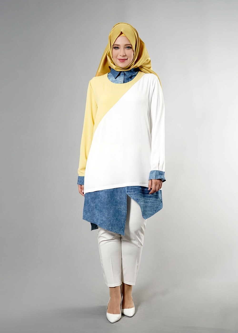 Hijab clothing CREAM T 3591 S-VUP Kot Detaylı Tunik