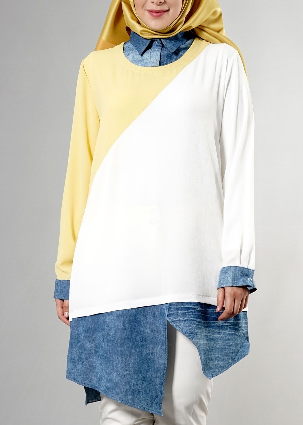 Vêtements hijab CRÈME T 3591 S-VUP Kot Detaylı Tunik