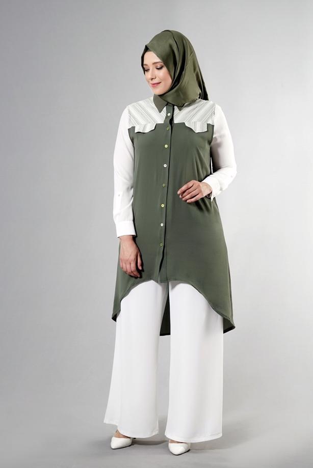 Vêtements hijab KAKI T 3745 S_VUP Erkek Yaka Yarımkol Yelek - TRENDTESETTÜR