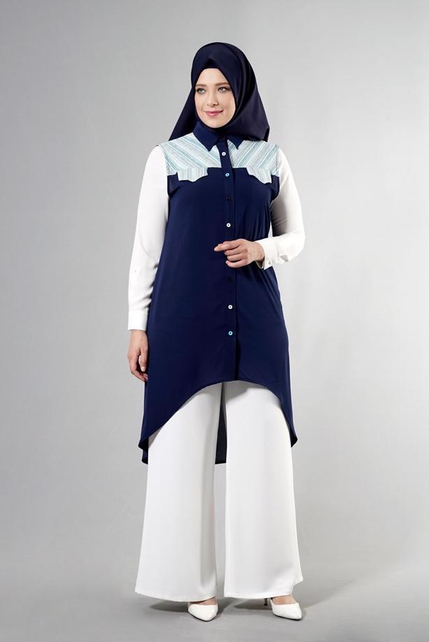 Vêtements hijab BLEU MARINE T 3745 S_VUP Erkek Yaka Yarımkol Yelek - TRENDTESETTÜR