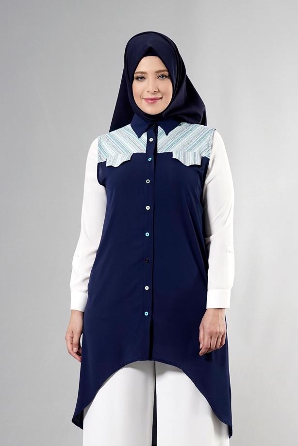 Vêtements hijab BLEU MARINE T 3745 S_VUP Erkek Yaka Yarımkol Yelek - TRENDTESETTÜR