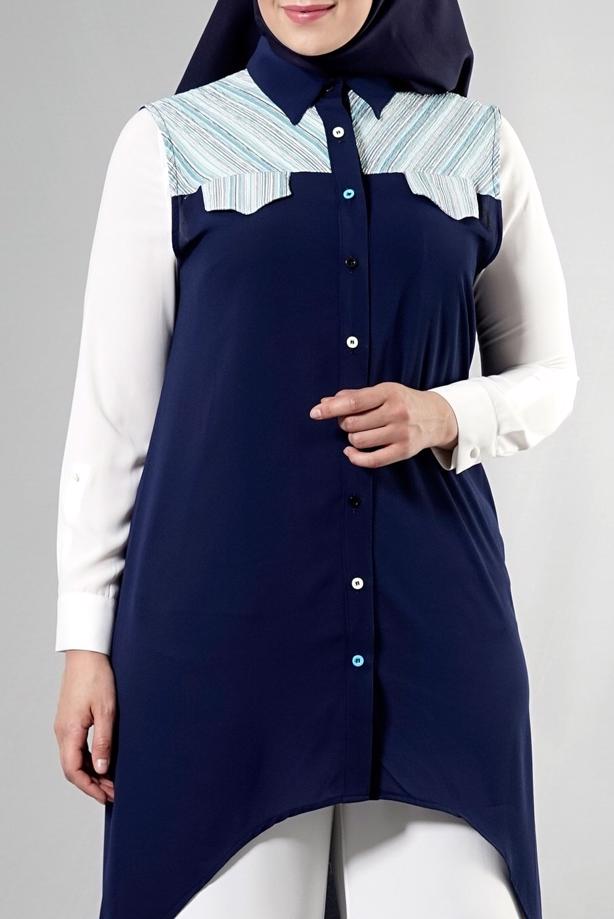 Vêtements hijab BLEU MARINE T 3745 S_VUP Erkek Yaka Yarımkol Yelek - TRENDTESETTÜR